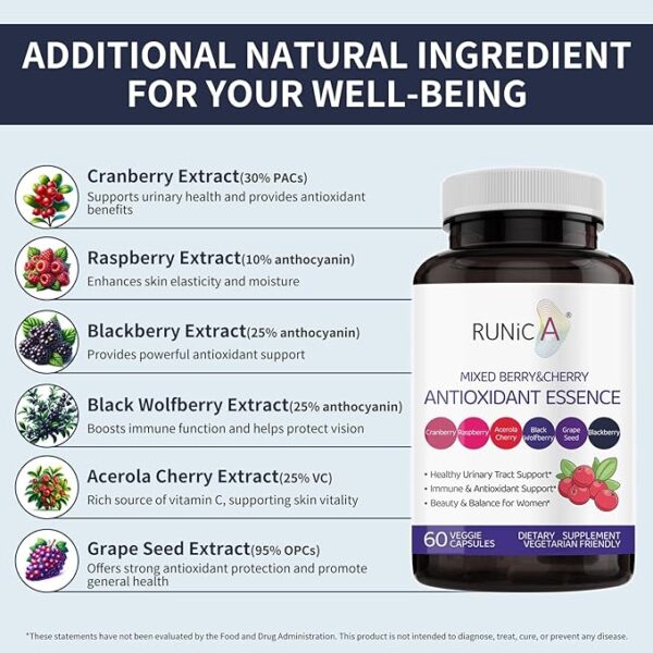 Antioxidants Supplement for Women, Urinary Tract Health & Immune Support, Skin Brightening & Antioxidant Blend - Cranberry, Grape Seed, Raspberry, Goij, BlackBerry, Acerola Cherry, 60 Capsules - Image 6